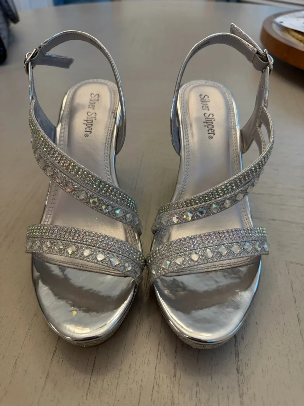 Silver Slippers wedge heels. Sling back, adjustable strap. Size 6 - Picture 1 of 6